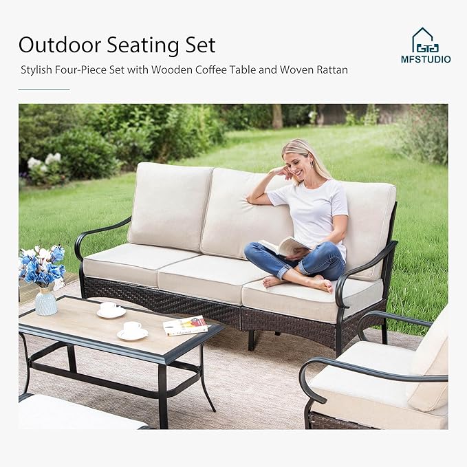 MFSTUDIO Outdoor Patio Furniture Set, Rattan Wicker Patio Sectional, Metal Outdoor Conversation Set with 3-Seat Sofa, 2 x Ottoman