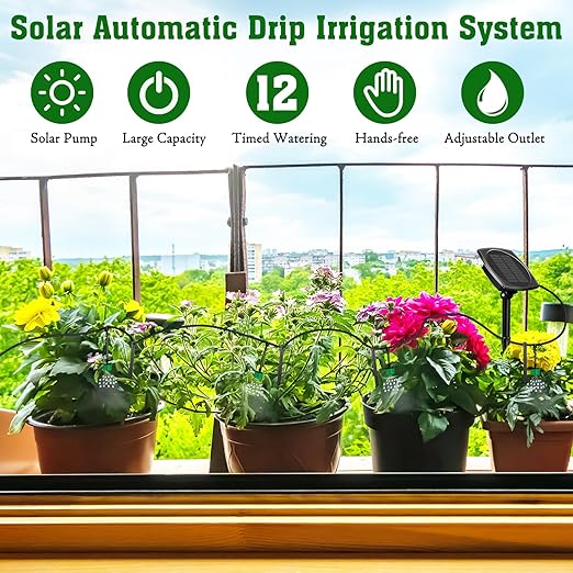 Solar Drip Irrigation System for Garden, Automatic Drip Irrigation Kits,Plants Self Watering Devices for Vacation,Solar Powered Water Pump for Potted Plants,Raised Beds,Greenhouse (15 Pots)