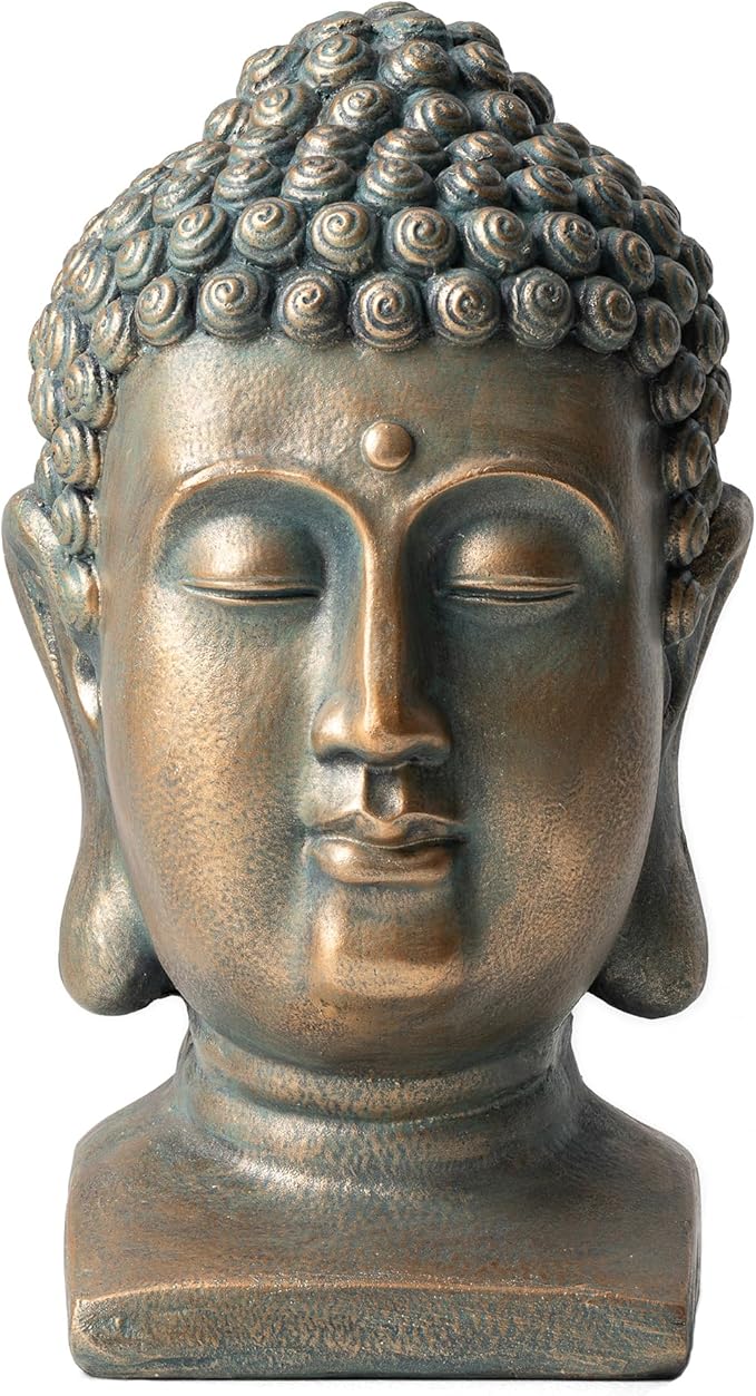 Glitzhome MGO Faux Bronze Buddha Head Garden Statue Indoor and Outdoor Sculpture Decoration, 16" H