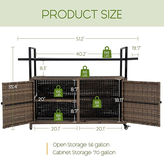 Wicker Outdoor Bar Cart - Brown Patio Console Storage Table Buffet Cabinet Serving Kitchen Cart with Wheels for Outside Backyard