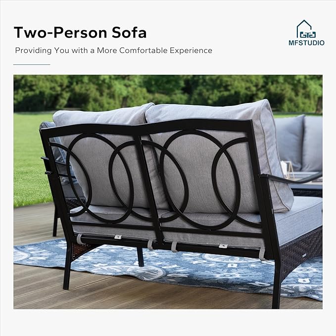 MFSTUDIO 5 PCS Outdoor Patio Furniture Set, Metal Outdoor Conversation Set, Rattan Wicker Patio Sectional Sofa Set with 2 x Swivel Single Sofa, 2-Seat and 3-Seat Sofa, 1 x Coffee Table, Grey