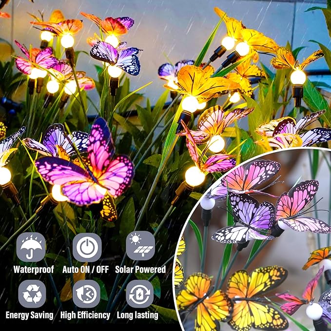 Solar Garden Lights, Upgraded Swaying Butterfly Light,Outdoor Light, Decorative Lights Yard Patio Pathway Decoration, Larger Solar Panel & Better Sway Effect (2 Pack)