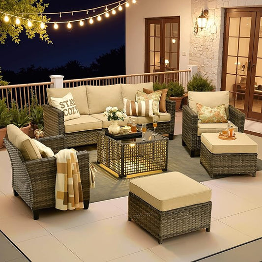 ovios 6 Pieces Patio Furniture Set Outdoor Sofa Couch with Solar Lights Table Comfy Cushions, Modern Deep Seat Wicker Rattan Conversation Set for Porch Deck, Beige