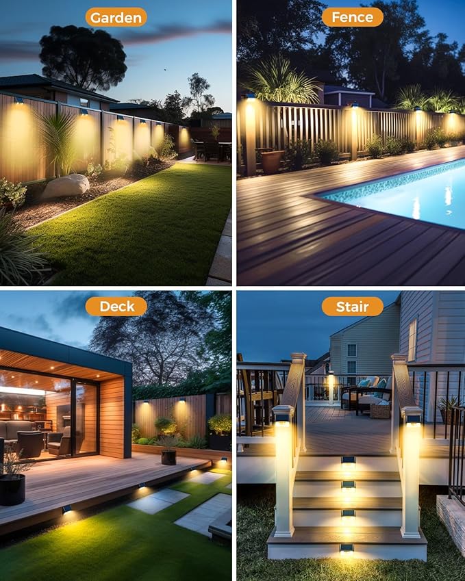 12 Pack Solar Fence Lights, Motion Sensor Deck & Wall Lights - Warm White LED, Wireless, Waterproof, Outdoor for Yard, Steps & Garden - Black