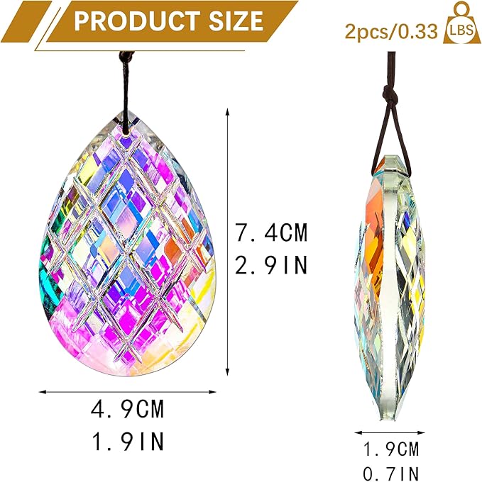 HDCRYSTALGIFTS Set 2 Crystal Sun Catcher Prisms Pendant for Window Hanging Decor,3inch AB Colored Crystal Suncatchers Rainbow Maker Light Catcher for Home Indoor Garden Ornament