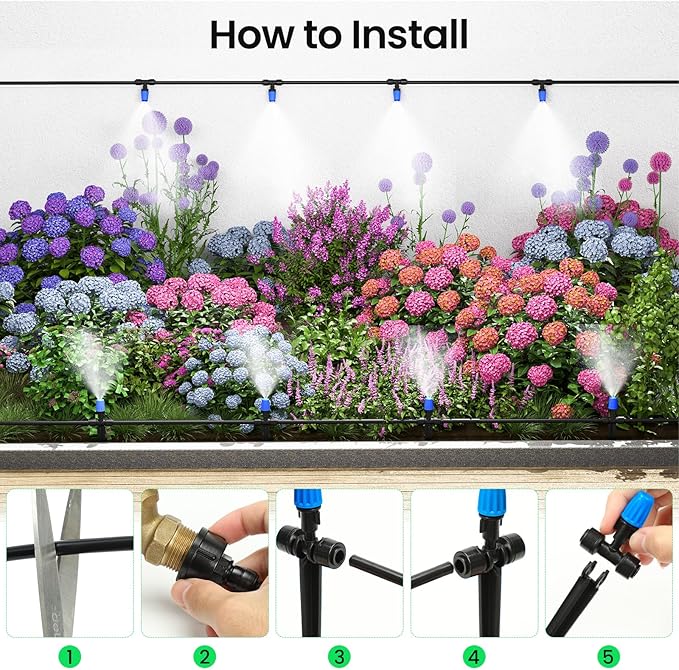 MIXC 65FT Greenhouse Watering System- Quick Efficient Connector Hanging Plant Watering System Automatic Mist Irrigation Kit with 1/4" Blank Tubing and Misting Nozzles