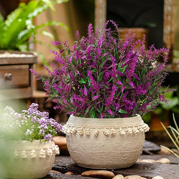 8 Pack Artificial Plants Flowers Grass Shrubs Lavender No Fade Faux Plastic Flowers Outdoor for Farmhouse Garden Porch Patio Indoor Wedding Decoration Greenery Fake Plants uv Resistant