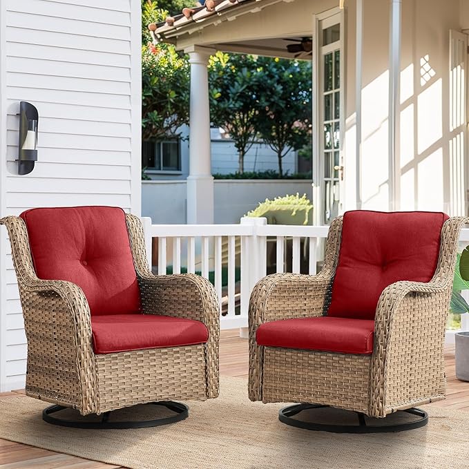 HUMMUH Outdoor Swivel Rocker PE Wicker Patio Chairs Set of 2, Rattan Rocking Chair Furniture Set (Yellow,Red)