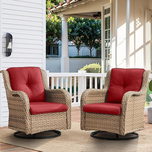 HUMMUH Outdoor Swivel Rocker PE Wicker Patio Chairs Set of 2, Rattan Rocking Chair Furniture Set (Yellow,Red)