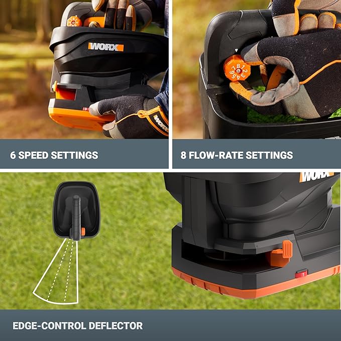 WORX 20V Cordless Seed Spreader 6-Speeds 5-Ft. Max Distance, Fertilizer Spreaders 8 Flow-Rate Settings, Broadcast Spreader Easier Than Hand Spreaders for Lawns WG869.9 – Tool Only
