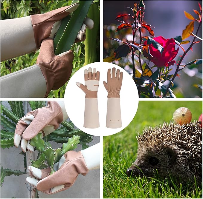 HANDLANDY Long Gardening Gloves for Men & Women, Thorn Proof Rose Pruning Gloves Leather Gauntlets Garden Glove Yard Work Glove (Large, Brown)
