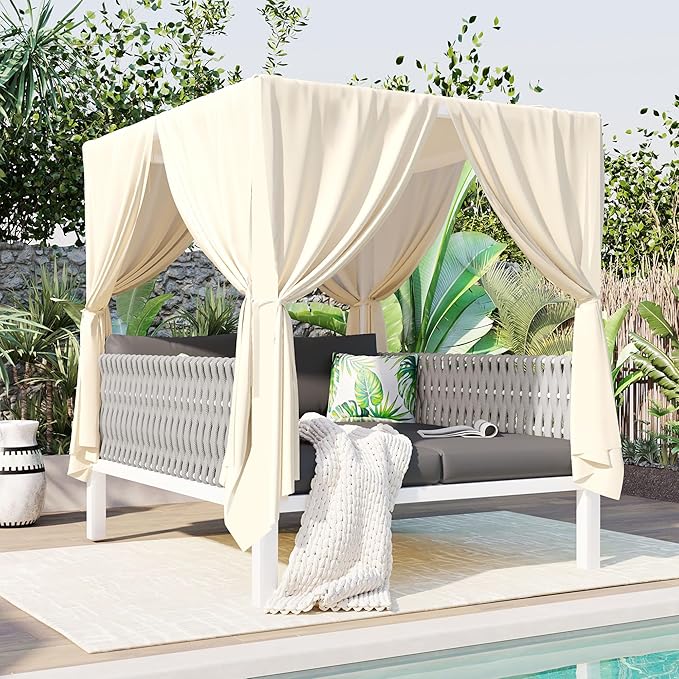 Polibi Outdoor Patio Sunbed with Beige Curtains,Outdoor Sun Lounger Bed with Pillows,Rubber Core Rope Weaving Outdoor Double Chaise Lounge Suitable for Pool,Garden,Gray+Beige