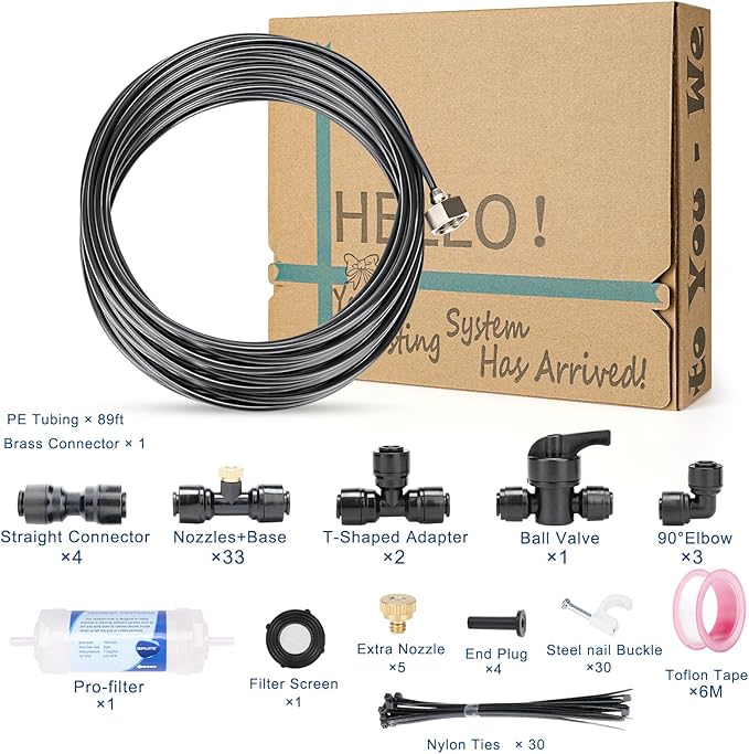 Misters for Outside Patio 32ft– Misting System with Filter and Easy DIY Installation for Garden, Trampoline, and Greenhouse-Ideal for Cooling Patios, and Chicken Coop