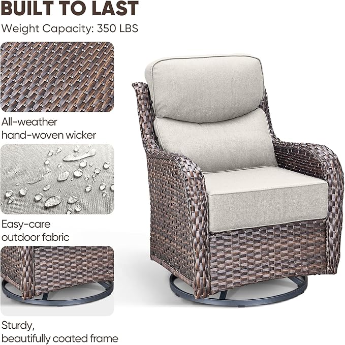 Swivel Patio Chairs sofa Set of 4 with 6" Thick Cushion - Wicker Outdoor Swivel Rocker Patio Chair ,Sofa/Glass coffee table, High Back Comfortable Outdoor Glider Chairs - Brown Wicker | Beige Cushions
