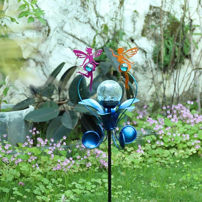 VCUTEKA Solar Lights Outdoor Metal Garden Stake Waterproof Crackle Glass Globe Garden Decor Fairy for Pathway, Lawn, Patio, Yard