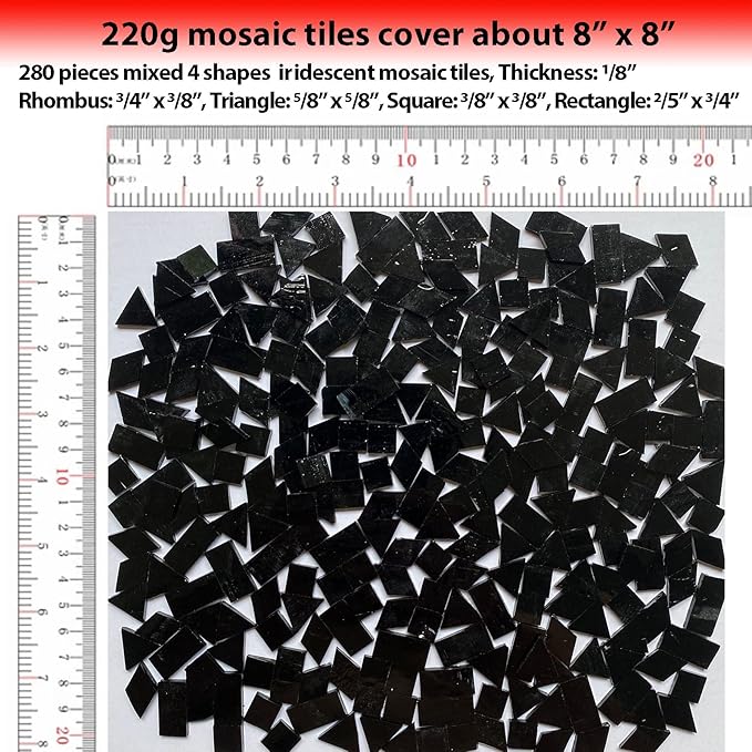 Iridescent Black Glass Mosaic Tiles, 280 Pieces Mixed 4 Shapes Stained Glass Sheets, Mosaic Making Supplies for Adults
