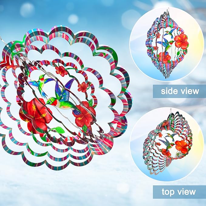 Hummingbird Wind Spinner - Hummingbird Gift for Women Men, Metal Wind Spinners for Outdoor & Indoor Decoration 12in 3D Hanging Bird Wind Catcher Unique Garden Decor Kinetic Yard Art Ornament