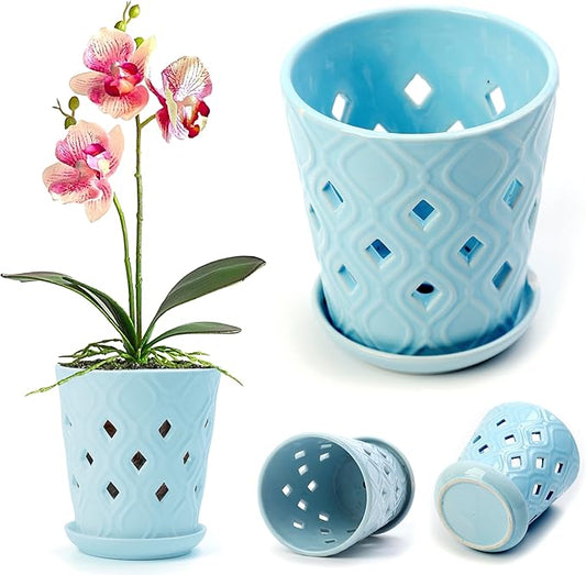 Whispering Winds Ceramic 5 x 6 Inch Orchid Pot with Holes & Saucer for Aeration and Drainage - Decorative Orchid Pots for Repotting, Prevent Over Watering & Root Rot (Charlotte Blue)