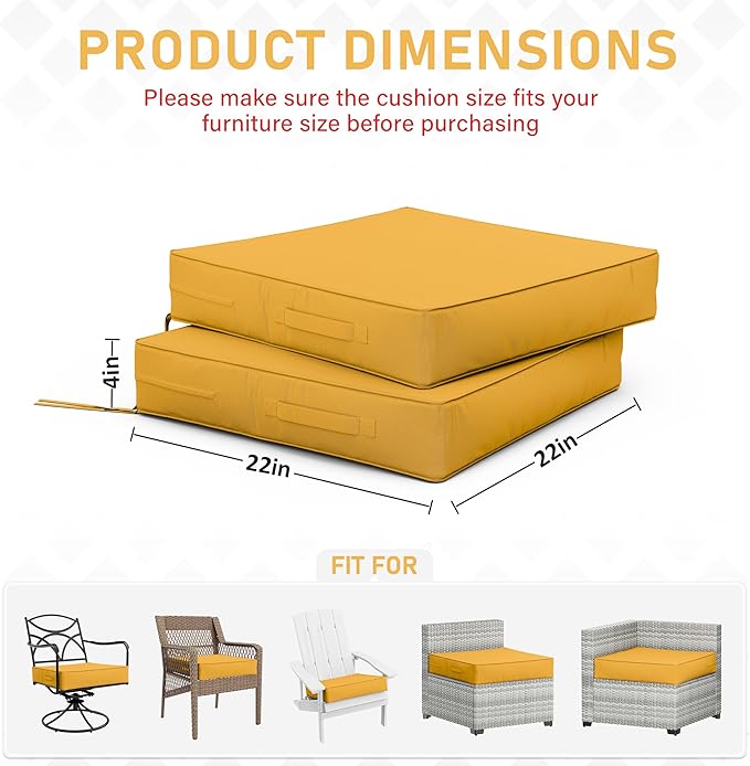 Patio Chair Cushions 22 X 22 X 4 Inch Waterproof Outdoor Seat Cushions for Patio Furniture, Outdoor Sofa Couch Pads with Ties & Handle, Set of 2, Yellow