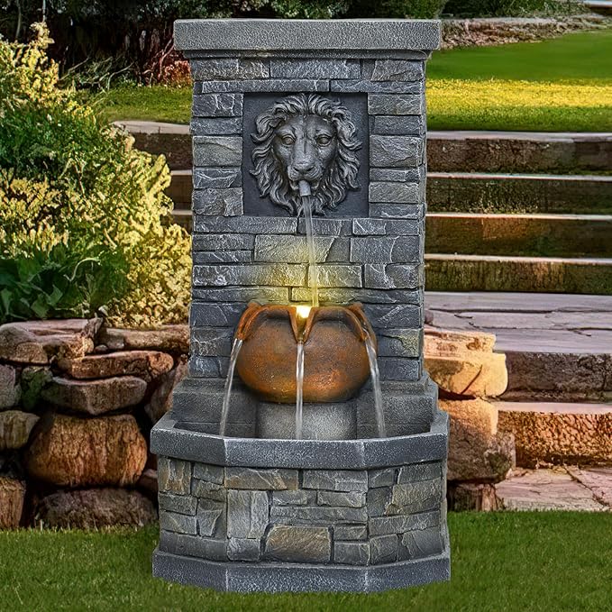 26'' Outdoor Garden Floor-Standing Water Fountain Lion Head Stone with Lights Outdoor Waterfall for Patio, Backyard, Deck, Porch and Home Art Decor