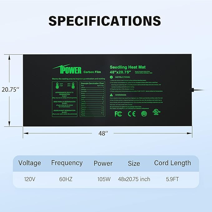 iPower 48” x 20.75” Seeding Heat Mat Upgraded Carbon Film Indoor Warm Hydroponic Plant Germination Starting Pad Durable Waterproof, 48" x 20.75", Black