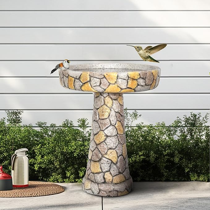 Outdoor Concrete Bird Bath - 24" H * 18.8" Φ Mosaic Stone Design BirdBath Perfect for Adding Interest to Garden, Patio, Backyard, Porch and Deck