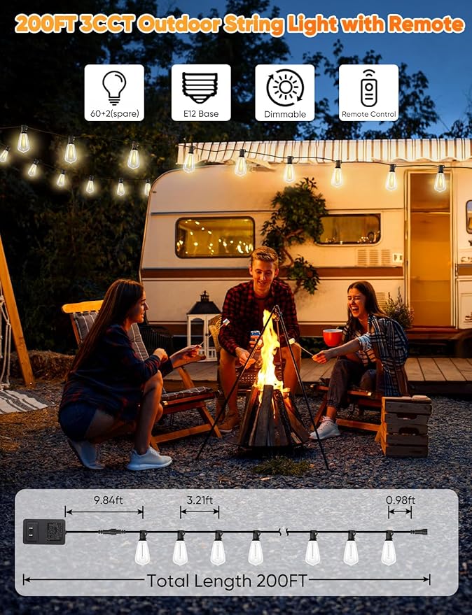 Brightever 200FT Outdoor String Lights with Remote, 2700K/4000K/5000K Selectable LED Patio Lights with 60+2 ST38 Vintage Edison Bulbs, 3 Lighting Modes, 3H/5H Timer, Dimmable String Light for Outside