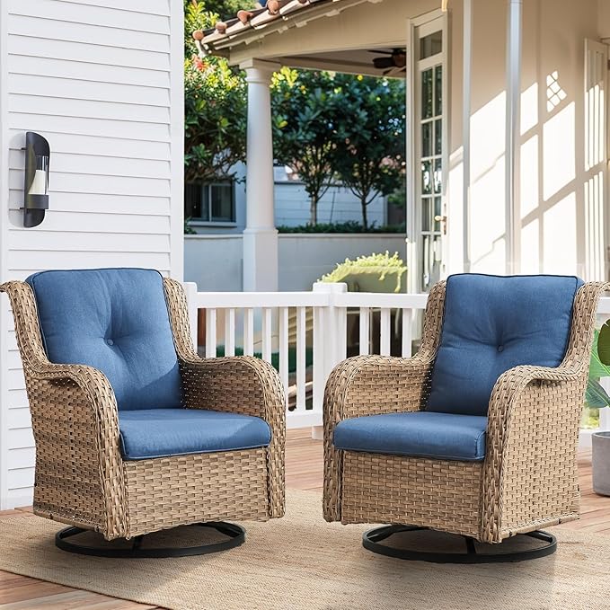 HUMMUH Outdoor Swivel Rocker PE Wicker Patio Chairs Set of 2, Rattan Rocking Chair Furniture Set (Yellow,Blue)