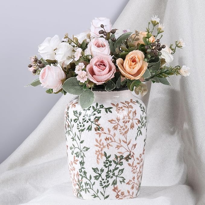 Vintage Vase for Flowers,Green Chinoiserie Ceramic Vase,Rustic Farmhouse Cracked Vases,for Flower Arrangement,Living Room, Office, Shelf, Fireplace Tables,Centerpieces,Chinoiserie Pottery Decor(D)