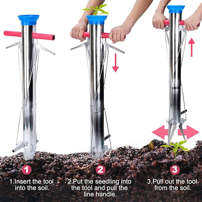 AIWFL Seedling Transplanter Long Handled Bulb Planter Tools Vegetable Young Plant Manual Plant Transplanter Stainless Steel Planting Garden Tools