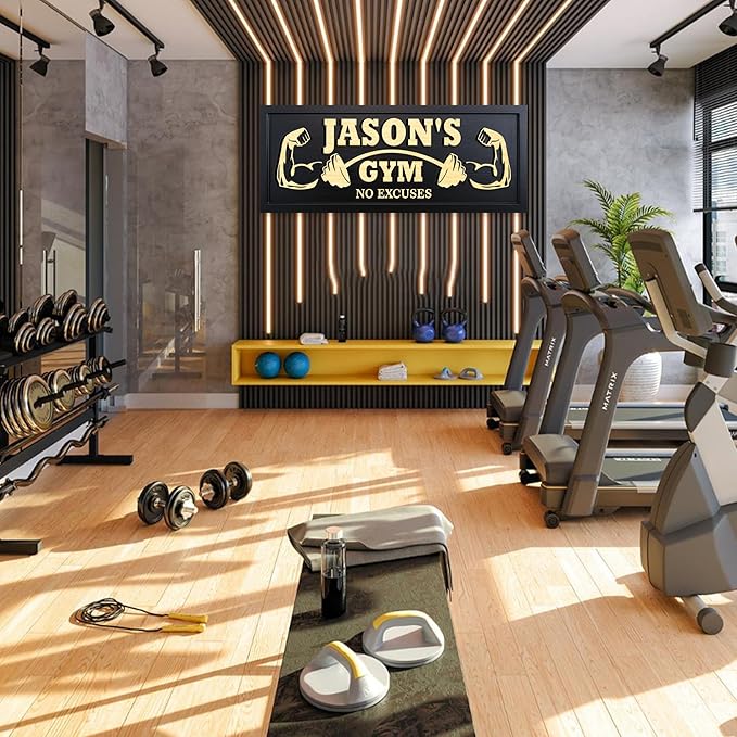 Personalized Wooden Gym Sign Custom Engraved Name Plaque Rustic Wall Decor for Home Gym Fitness Studio with Multiple Sizes and Colors