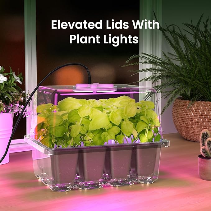 MIXC 4-Pack Seed Starter Tray Kit with Plant Light Seedling Trays with Adjustable Humidity Domes & Clear Cell Trays 12 Full Spectrum LED Beads for Indoor Plant Growth(Transparent)