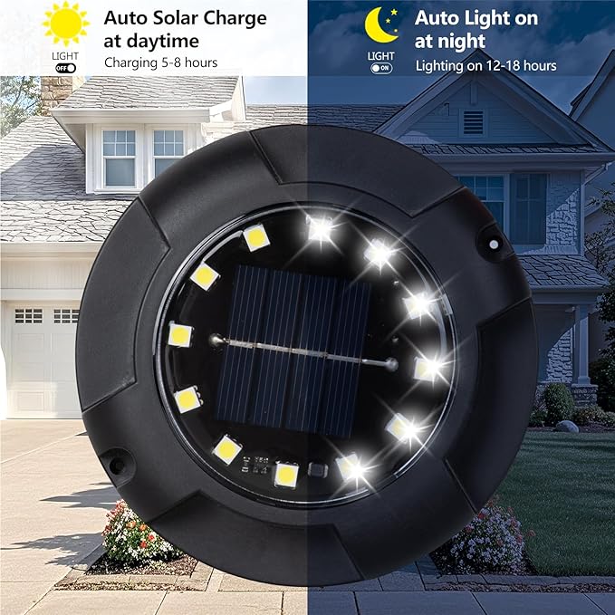 Solar Lights Outdoor Waterproof - New Upgraded Up and Side Light, 12 Pack 16 LED In-Ground Lights Outdoor Solar Lights for Yard Patio Garden Lawn Deck Outside Pathway Walkway Sidewalk (White Light)