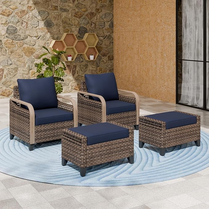 EAGLE PEAK Modern Wicker Outdoor Chair, Patio Chair Curved Armrest, Rattan Patio Furniture for Yard Deck Porch Garden, 2 Chairs 2 Ottomans, 4 Pieces, Brown/Blue