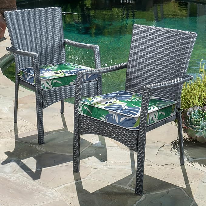 LVTXIII Patio Chair Cushions 19"x19"x3", Water-Repellent Outdoor Seat Cushions for Patio Furniture, Square Chair Pads with Ties for Home Garden Decoration, Set of 2, Islamorada Blue Green