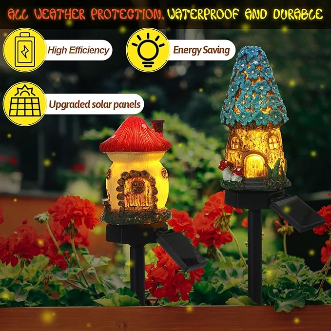 2 Pack Outdoor Garden Mushroom Fairy House Solar Light Home Statue LED Light Fairy Lights for Outside Garden Lawn Walkway Patio Yard Backyard Plant Decoration
