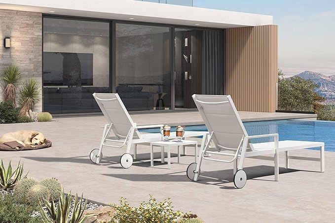 PURPLE LEAF Outdoor Chaise Lounge Set Adjustable Sunbathing Recliner with Armrest and Side Table for Poolside Beach Outside Patio Aluminum Chaise Lounger Cream