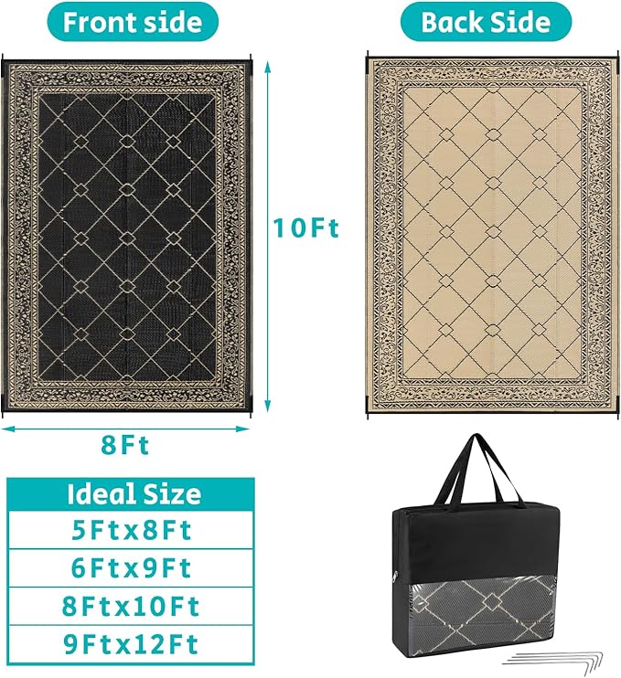 HEBE Outdoor Rug Waterproof 8x10, Reversible Plastic Straw Rug RV Camping Rug, Indoor Outdoor Patio Mat Clearance, Outside Carpet for Porch,Deck,Camper,Balcony,Backyard,Picnic