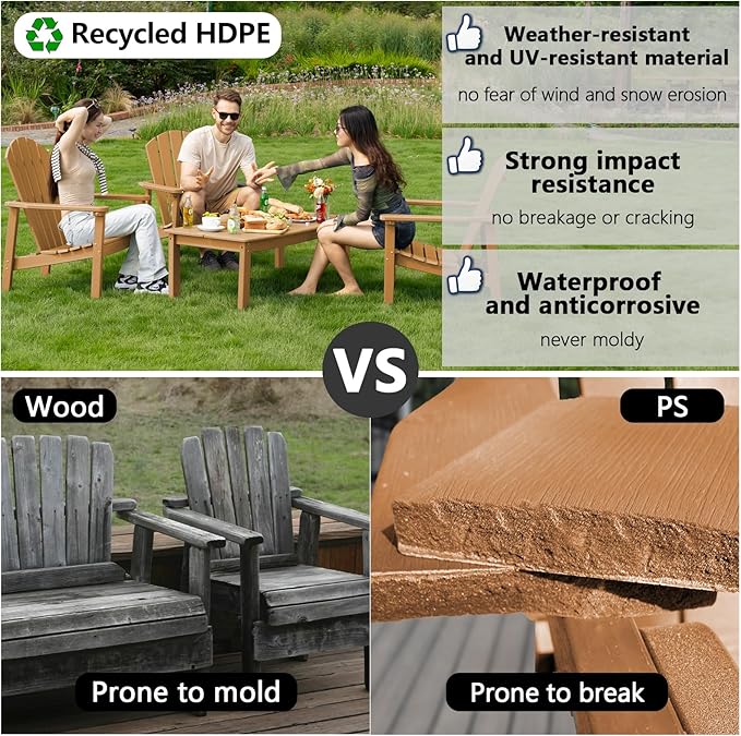 Stackable Adirondack Chair Set of 4, HDPE Outdoor Patio Chair - Durable and Space Saving, Suitable for Porches, Lawns or Garden, Teak