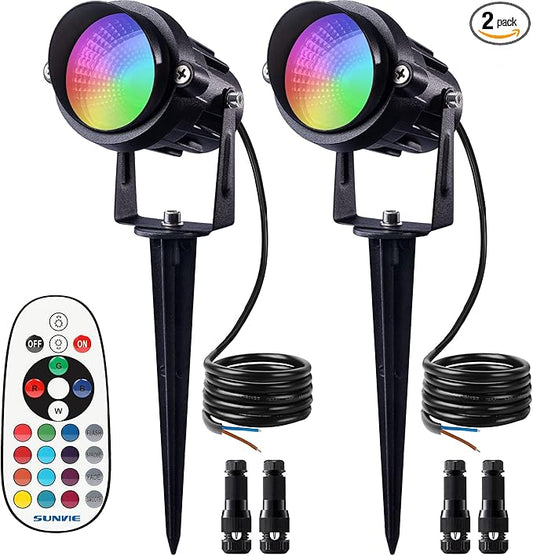 SUNVIE 12W RGB Low Voltage Color Changing Landscape Lights Remote Control Waterproof LED Landscape Lighting for Yard Garden Pathway Holiday Christmas Decorations Outdoor Indoor, 2 Pack with Connector
