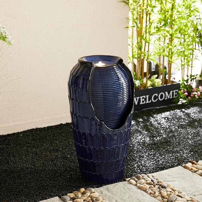 Glitzhome 28.25" H Oversized Ceramic Petals Textured Jar Outdoor Water Fountain, Vintage Cobalt Blue Glaze Vase Patio Garden Waterfall Fountain with LED Light and Submersible Pump