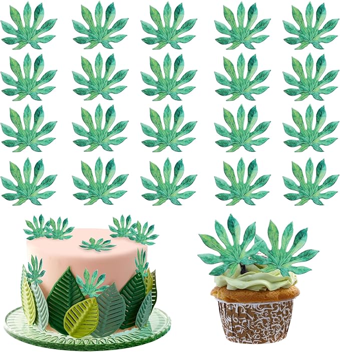 60 PCS Edible Tropical Turtle Leaves Cupcake Toppers Palm Leaves Cupcake Picks Hawaii Luau Party Decorations for Jungle Plant Leaf Summer Tropical Theme Baby Shower Birthday Party Decorations Green