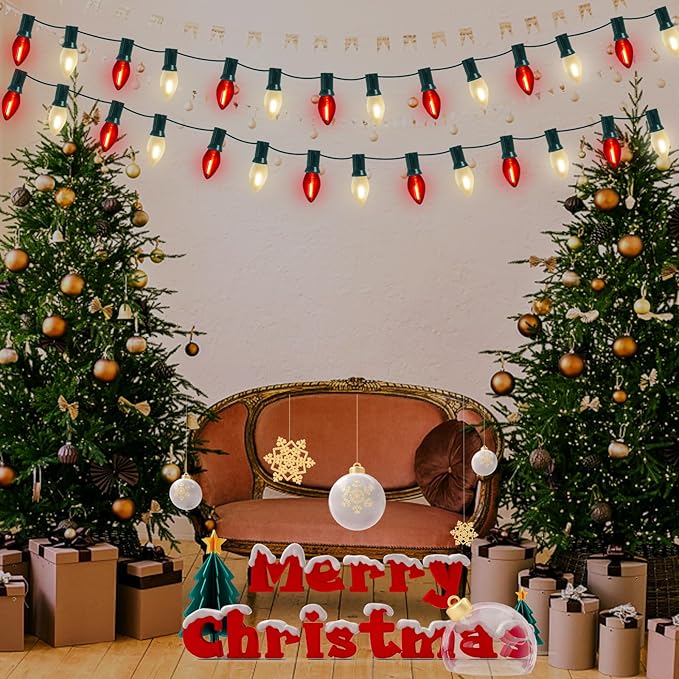 C7 LED Red and Frosted White Christmas Lights 25FT Outdoor Christmas Decorations String Lights with 27 Shatterproof LED Bulbs, Hanging Vintage Christmas Light for Outdoor Garden Wedding Roofline Patio