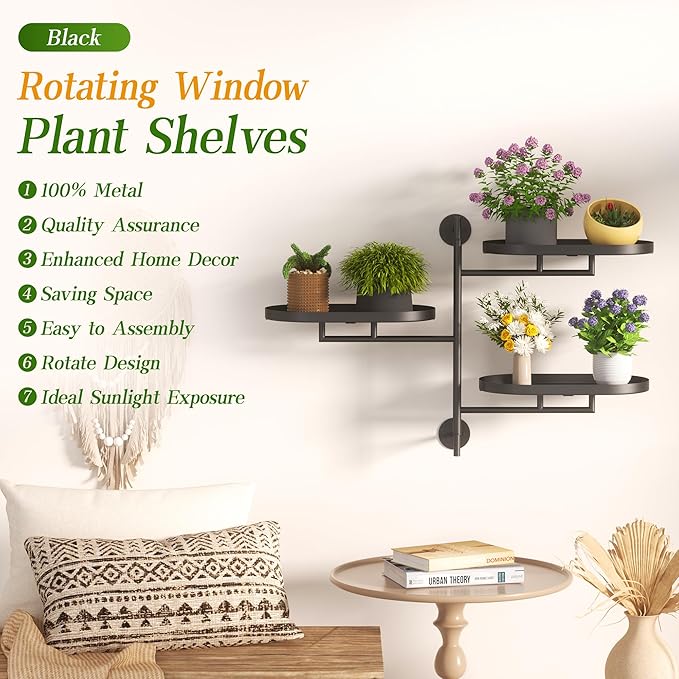 WIndow Sill Rotating Plant Stand Shelf Indoor Black Metal Floating Shelves 3-Tier Wall Mount Plant Holders for Living Room Wall Planter Modern Home Decor for Gardening