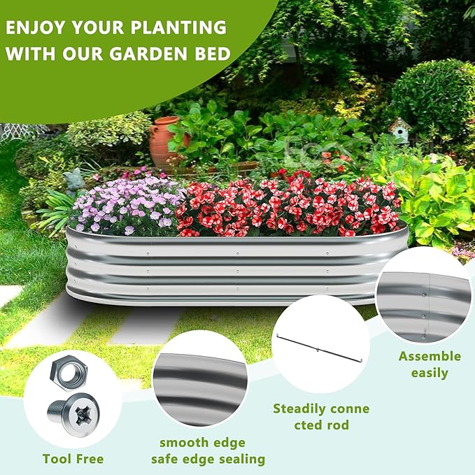 zizin 2 Pack Galvanized Raised Garden Bed Metal Oval Raised Garden Beds Outdoor Planter Box for Vegetables (8x2x1FT, Silver)