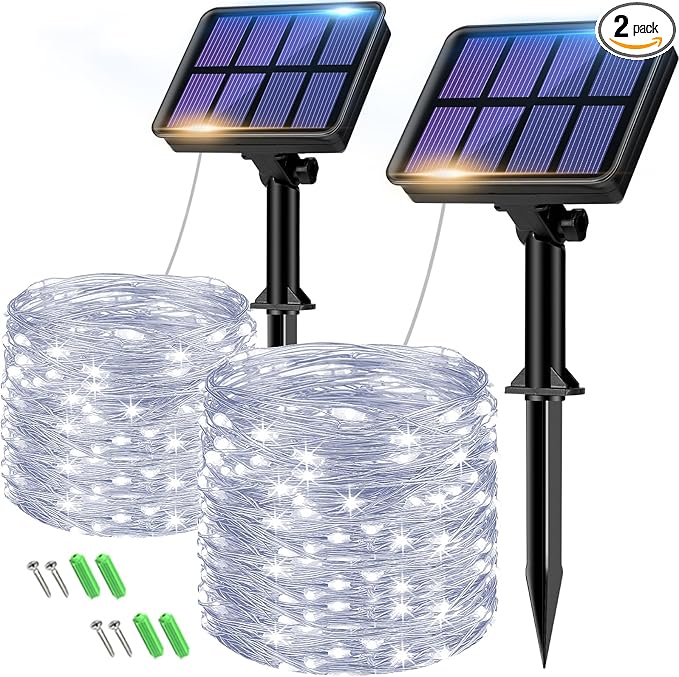 2-Pack Solar String Lights Outdoor, 160LED 66FT Solar Fairy Lights Waterproof 8 Modes Copper Wire Solar Powered Twinkle Lights for Outside Garden Patio Tree Christmas Wedding Party Decor (Cool White)