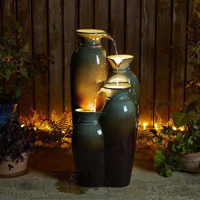 Glitzhome 30.75" H Vase Ceramic Outdoor Water Fountain with LED Lights and Pump, 4-Tier Olive Green and Brown Reactive Glaze Cascading Pots Standing Fountain for Porch Deck Garden Patio Backyard
