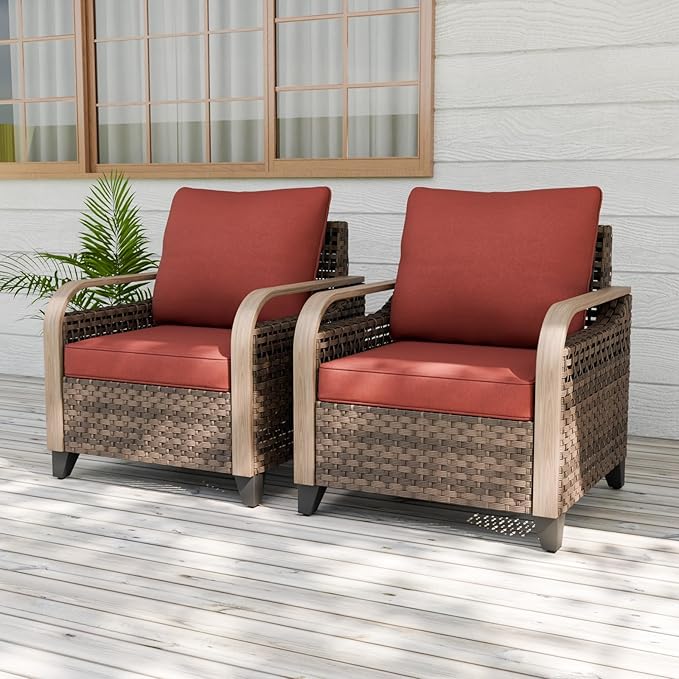 EAGLE PEAK Modern Wicker Outdoor Chair, Patio Chair Curved Armrest, Rattan Patio Furniture for Yard Deck Porch Garden, 2 Chairs, Brown/Red