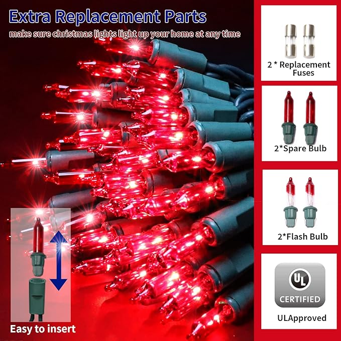 Ultra-Bright Connects End to End Red Christmas Mini Lights 100L 19.6Ft UL Listed Incandescent Bulb String Light Set for Indoor and Outdoor Holiday Garden Party Christmas Tree Garland Decor
