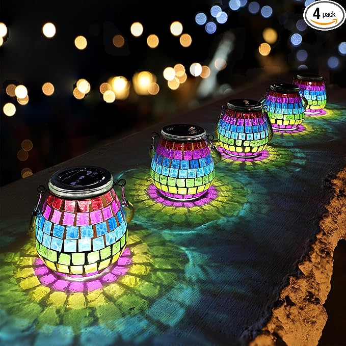 Cooo 4 Pack Mosaic Solar Lantern Outdoor Waterproof IP68 Hanging Projection Light Hidden Lid Pear-Shaped Lantern with Rope Handle Solar Powered Auto On for Patio Garden Fence Table - Neon Mosaic